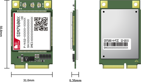 
The SIM7600-H-PCIE series is the LTE Cat 4 module which supports wireless communication modes of LTE-TDD/LTE-FDD/HSPA+/GSM/GPRS/EDGE etc. It supports maximum 150Mbps downlink rate and 50Mbps uplink rate.